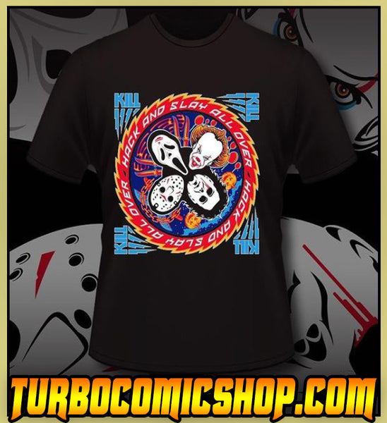 KISS OF DEATH - HACK AND SLAY ALL OVER - HORROR MOVIE TURBO TEE!