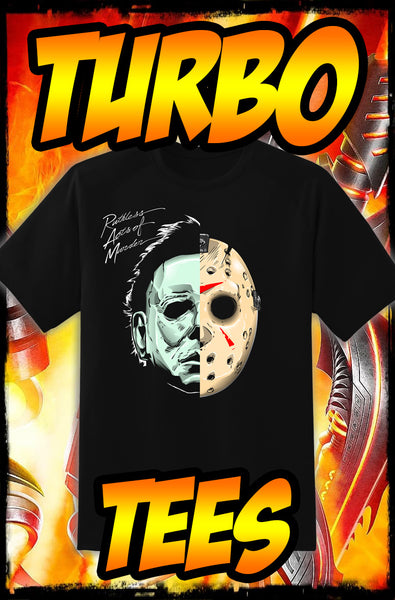 JASON VOORHEES & MICHAEL MYERS - 'RUTHLESS ACTS OF MURDER' - NEW POP TURBO TEE!